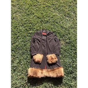 Vtg Penny Lane Coat Faux Fur Trim Hood Embroidered Union Jacket Brown size Med